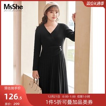 MsShe large size womens 2021 new winter sweater skirt V-shaped cross-collar nail elastic pit dress autumn and winter