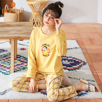 Pajamas female spring and autumn long sleeve cotton two-piece plaid cartoon cute cotton home clothing female autumn suit can be worn outside
