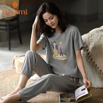 Pajamas women Summer cotton short sleeve trousers two-piece thin spring summer cotton home Clothing Spring and Autumn suit can be worn outside