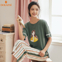 Multi-Latin American pajamas summer thin section womens pure cotton short-sleeved three-point pants Striped pants two-piece set student homewear suit