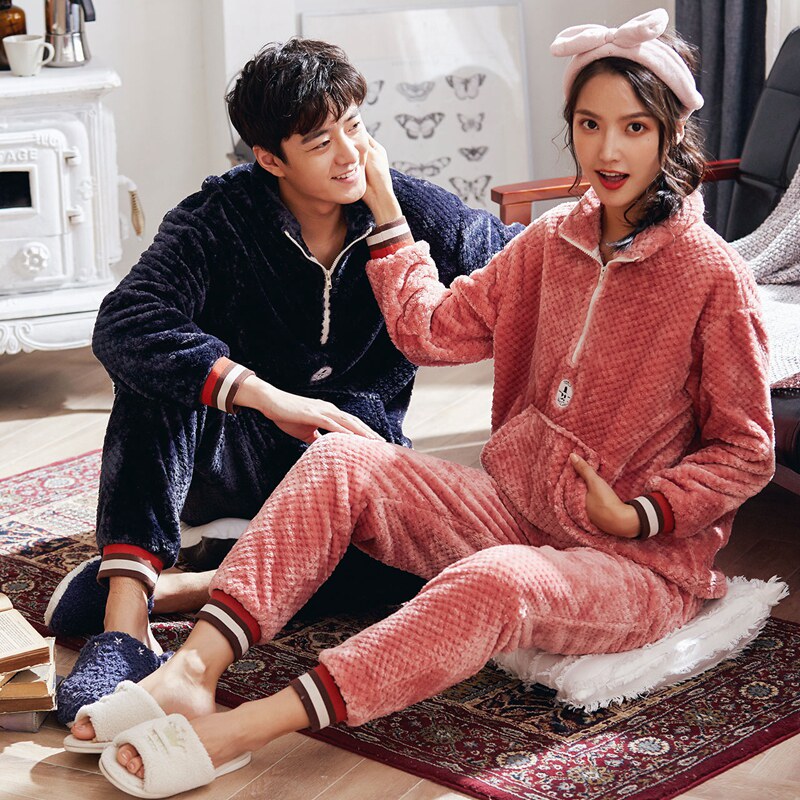 Autumn Winter Coral Suede Lovers Pyjamas women Thickened Gushed Warm Pinewood Suede Men's Winter Home Suits Suit