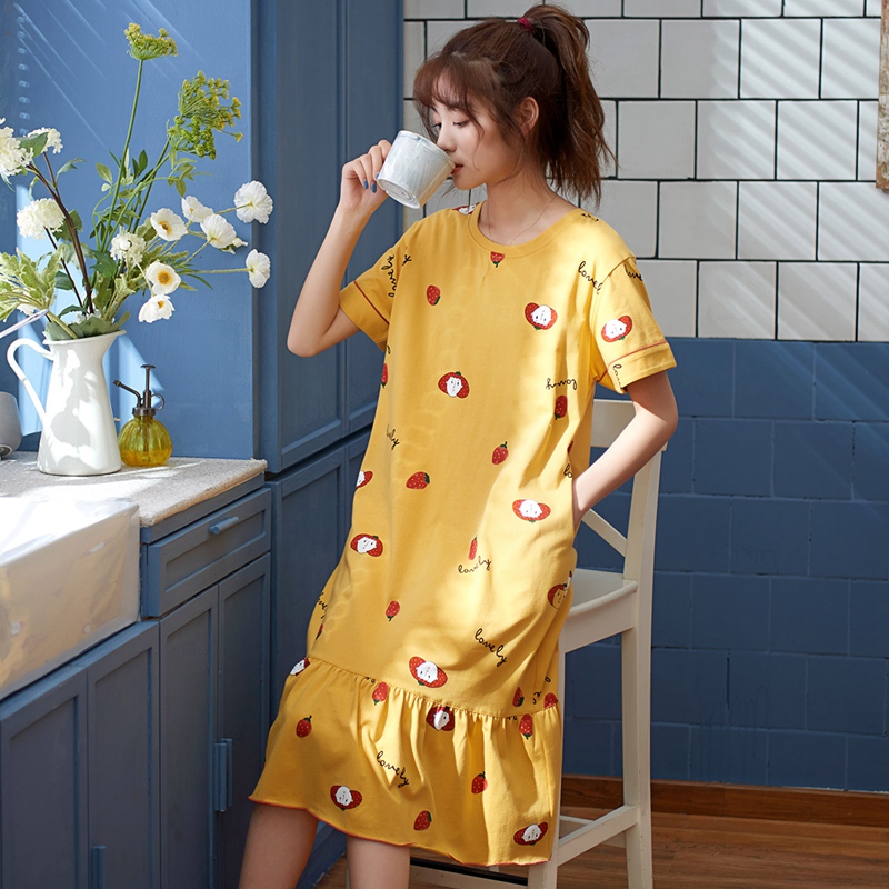 Multi Latin American Sleeping Dress Lady Spring Autumn Pure Cotton Short Sleeves Long Version Han Edition Set Loose Sweet And Cute Sleeping Clothes Summer Home Clothes