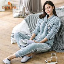 Pajamas womens winter three-layer thickened velvet coral velvet padded warm spring and autumn home clothes quilted jacket suit can be worn outside