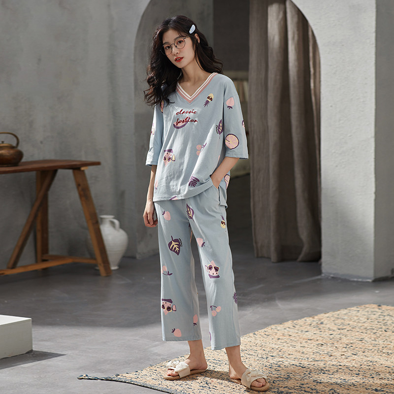 Sleepwear women Summer pure cotton Two sets 70% short sleeves 90% Pants Thin summer All cotton Home Suits Spring Autumn Suits