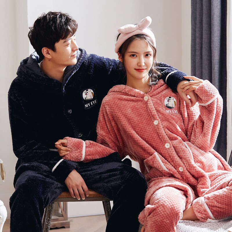 Autumn and winter couple pajamas coral velvet homewear suit men's and women's hooded long version pineapple winter plus velvet thickening