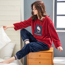 Winter coral velvet pajamas womens long-sleeved autumn and winter warm thick Korean version pullover round neck flannel home suit set