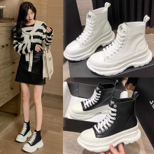 Sports versatile sponge cake shoes, Hong Kong thick soled autumn and winter 2023, small white high top leather, dad high top shoes, women's shoes