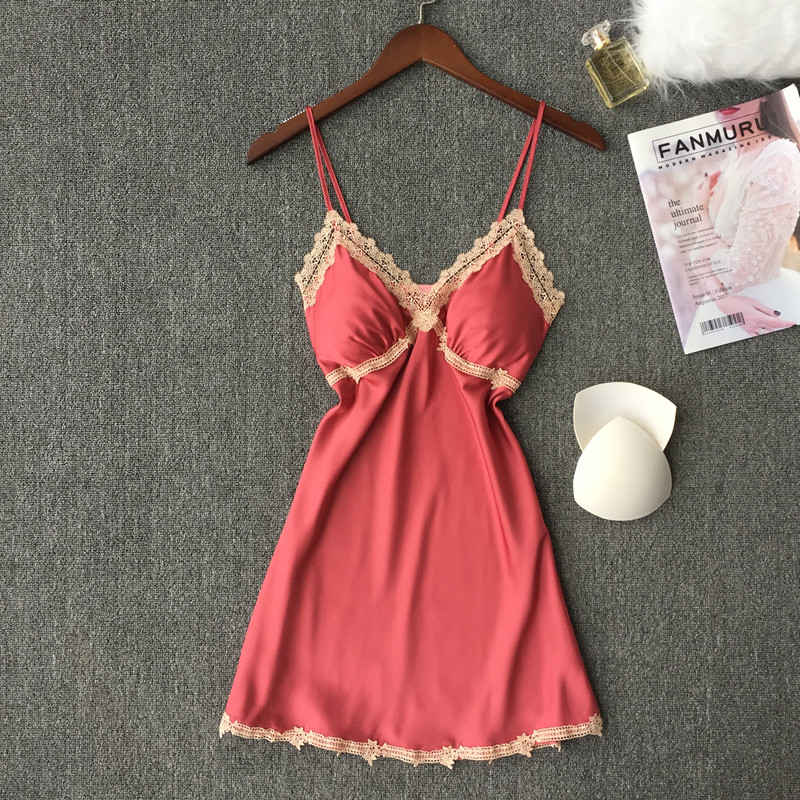 Spring and autumn sexy pajamas women's ice silk suspenders short skirt lace belt chest pad solid color suspender skirt private room home service