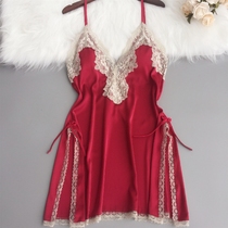 New sexy pajamas day teenage summer ice wire ultra thin a letter passion low-chest lace deep V tempting sleepy skirt