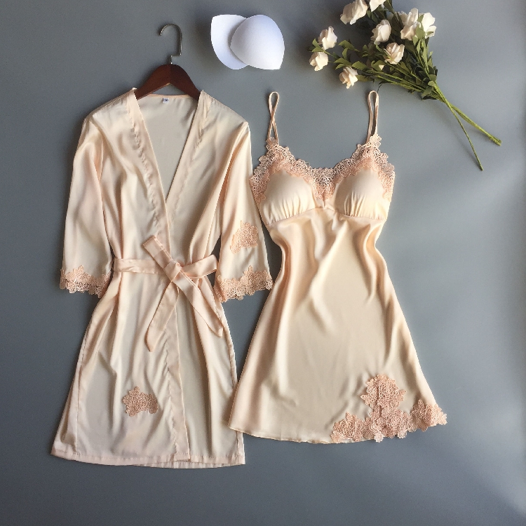 Spring, autumn and summer new sexy pajamas with chest pad bridal dressing gown female small chest gathered nightdress two-piece nightgown thin section