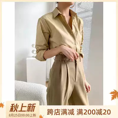 Khaki cotton long-sleeved shirt women's thin loose 2021 summer new retro Hong Kong style stand-up collar commuter top