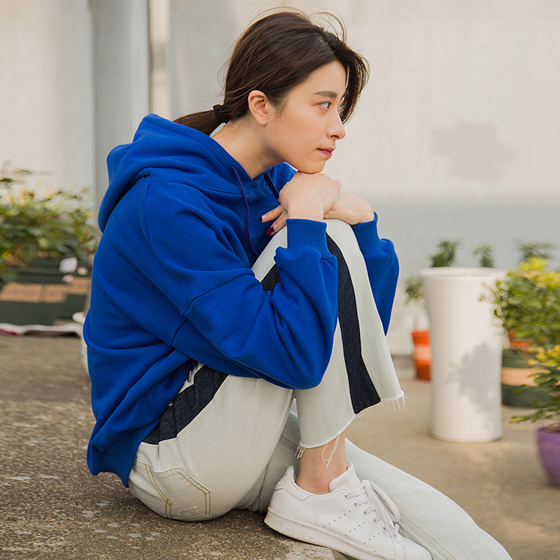 Blue short hooded sweatshirt women's Korean version loose 2021 spring and summer new wild casual pullover trend