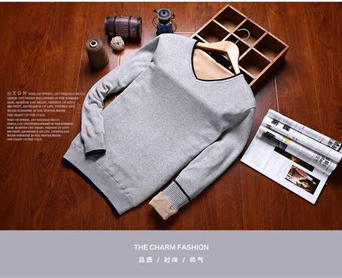 Áo len nam mùa thu và mùa đông Áo thun cổ chữ V cộng với áo len cotton dày của Hàn Quốc Áo len mỏng màu trơn dành cho học sinh áo thun nam cổ tròn