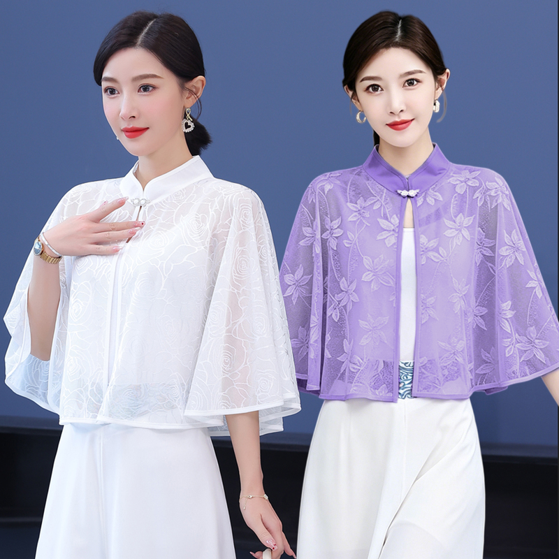 Cheongsam Shawl with a Sun-Protective Outer Layer, Summer Thin Ice Silk Top, Retro Cape Paired with a Dress, Stylish Small Cape Cheongsam Shawl with a Sun-Protective Outer Layer, Summer Thin Ice Silk Top, Retro Cape Paired with a Dress, Stylish Small Cape