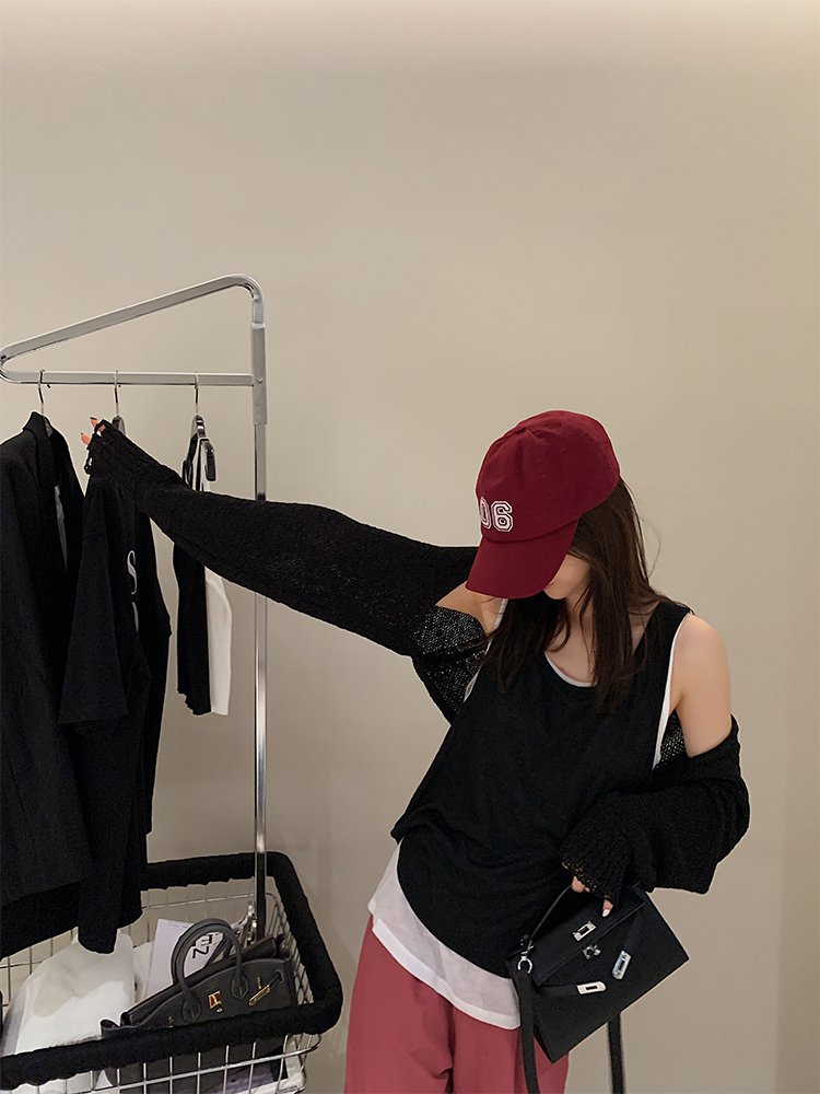 Small Read Customised Black Knit Cardiovert Woman Thin 2022 Summer new sunscreen Shoulder Hood Outside a short jacket