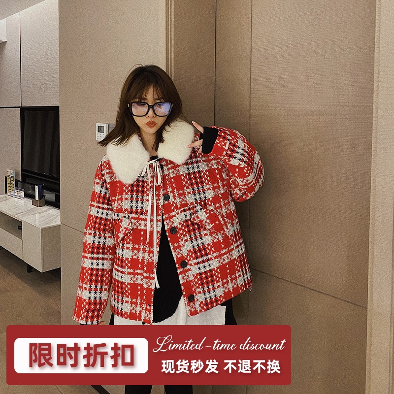 Xiao Nian Custom (Christmas Benefits) Red Plaid Tweet Coat Women's Winter Cotton Thickened Wool Neck Coat