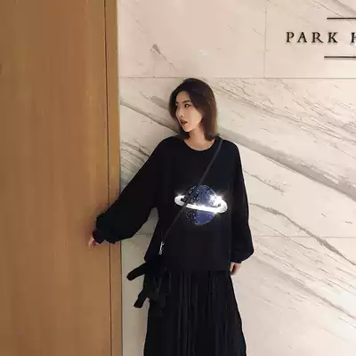 Sequin pattern lazy wind loose round neck sleeve thick cotton T