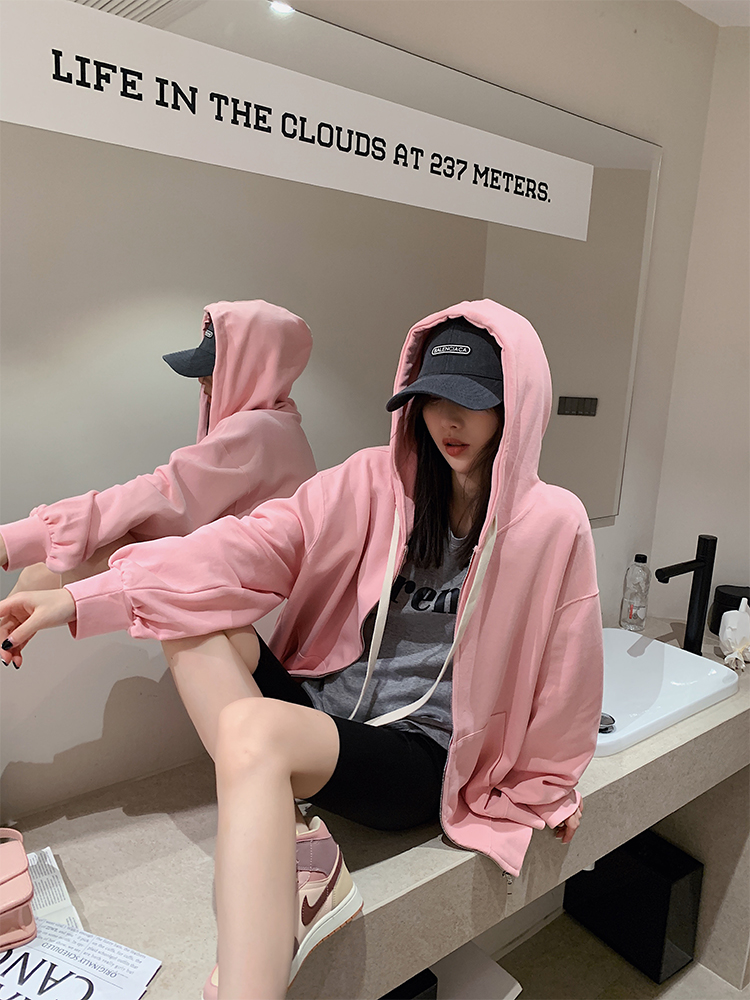 Xiaonian custom pink zipper sweater women's autumn thin section oversize lazy wind casual hooded cardigan jacket