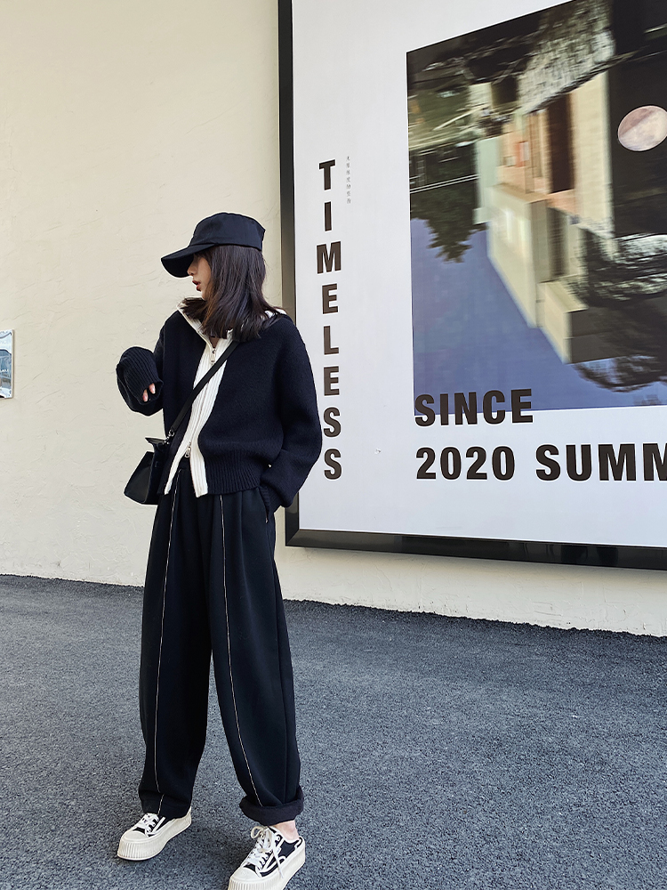 Xiao Nian custom black wide-legged straight loose casual pants women's 2021 winter plus velvet padded slim sports thick cotton pants