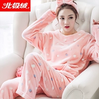 Bộ đồ ngủ nhung san hô nhung Bắc cực của phụ nữ mùa thu và mùa đông dày đầu flannel phụ nữ dài tay mùa thu cổ tròn áo thun nhà bộ mặc nhà cao cấp