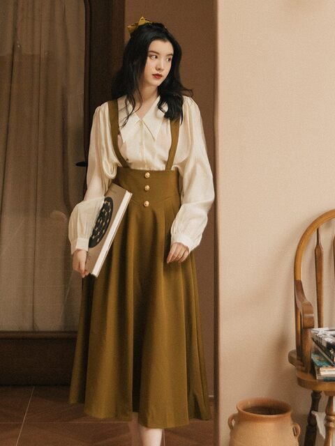 Suspender skirt suit western fashion women's autumn 2022 new French shirt khaki two-piece skirt two-piece set