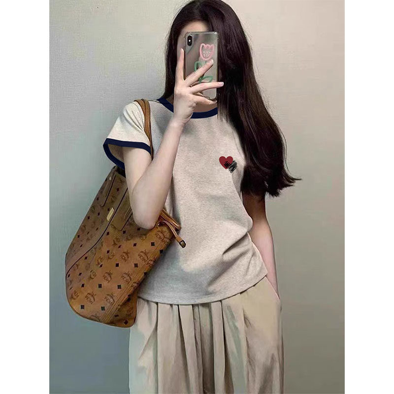 Korean 2026 Color-Blocked Regular Shoulder Round Neck Short-Sleeve T-Shirt for Women, Niche Design, Can Be Worn Outside, Versatile Top, Base Shirt