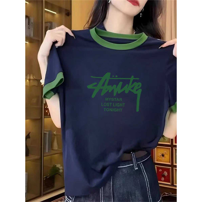 Korean Pure Cotton Short-Sleeve T-Shirt for Women 2026 New Style Regular Shoulder Round Neck Color-Blocking Stylish Design Half-Sleeve Top for Summer Korean Pure Cotton Short-Sleeve T-Shirt for Women 2026 New Style Regular Shoulder Round Neck Color-Blocking Stylish Design Half-Sleeve Top for Summer