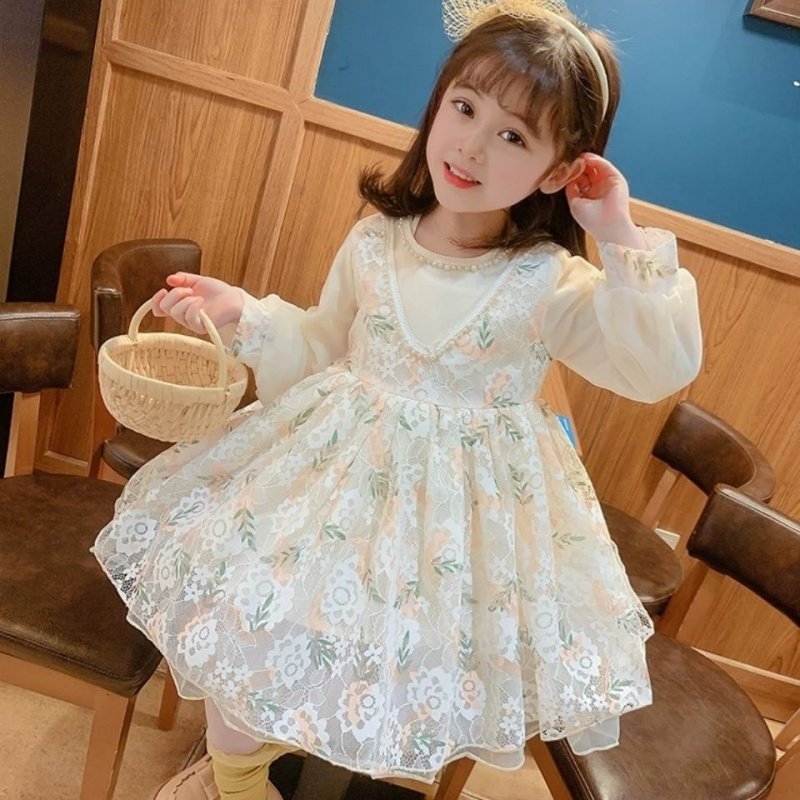 Girls lace dress 2022 spring new product girl foreign pearl princess skirt Korean baby girl mesh skirt
