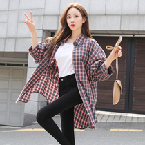  Plaid shirt womens all-match 2021 autumn new Korean casual loose thin cotton large size long-sleeved shirt tide