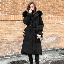 2021 winter new down jacket womens mid-length Korean version loose thin big hairy collar hooded thickened black jacket