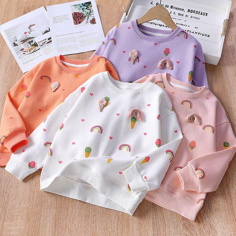 Children's clothing 2022 new girl's thick T-shirt spring and autumn slim fit children's sweet and beautiful round collar girl's autumn clothes blouse