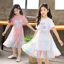 Korean version of childrens clothes 2022 new Summer girls Liandress Children foreign air Rainbow nets Princess Princess Dresses