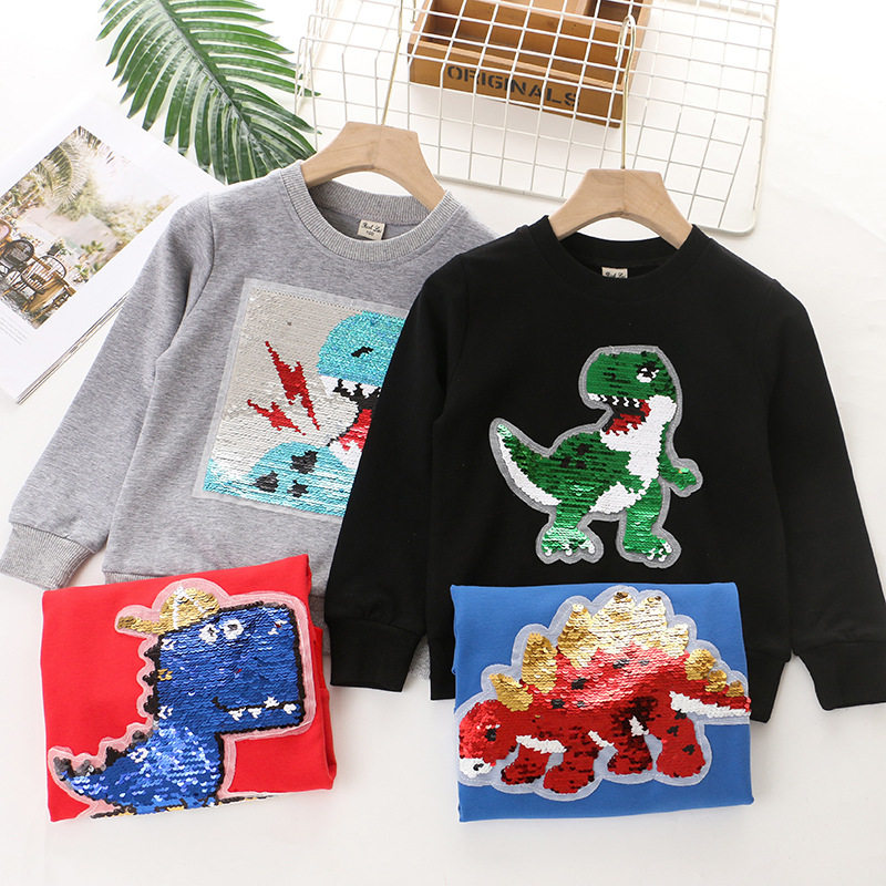 Children's clothing 2022 new boys' sweater children's spring and autumn dinosaur sequins color-changing clothes children's long-sleeved tops