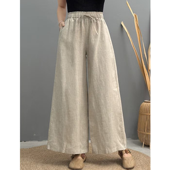 ໂສ້ງຂາສັ້ນແບບ retro linen lined ແອວ elastic ຂາຊື່ສໍາລັບແມ່ຍິງ, ກາງເກງແບບສິນລະປະແບບໃຫມ່ແລະສິ້ນກະທັດຮັດແບບກະທັດຮັດ