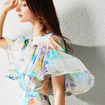 U N Q fresh and elegant floating with lotus leaf edge colorful leaves printed loose true silk mulberry silk shirt blouses woman