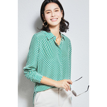 U N Q early spring green white lattice printing 18 mmeter heavy pound sand washing genuine silk double crepe shirt mulberry silk blouse women