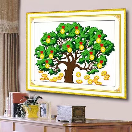 Purely Handmade Cross-Stitch Finished Product: Fortune Tree, Money-Attracting Tree, Green Copper Coin Tree for Living Room, Free Shipping