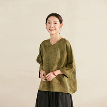 (Yugurou) Jixiang Yuers original plant-dyed through-hole jacquard satin fragrant cloud gauze slant-breasted Chinese top for women