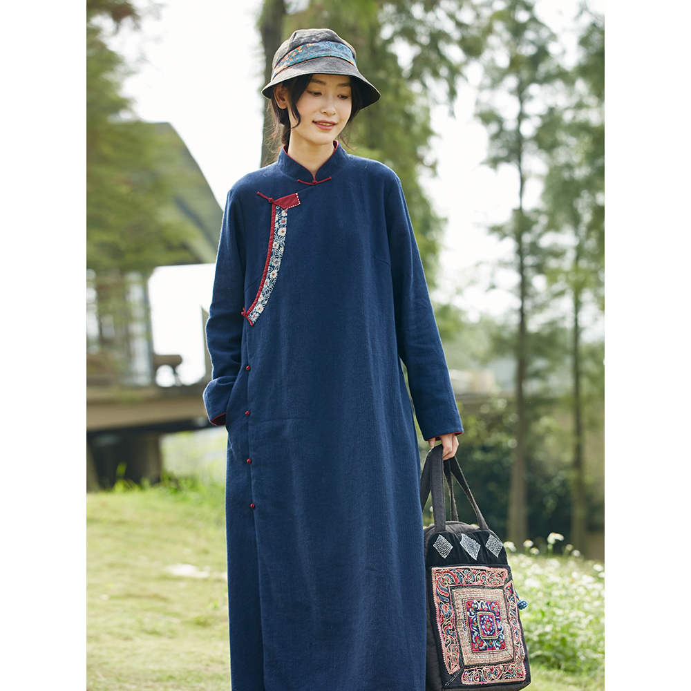 [Water] Auspicious Yuer Cotton and Mainer Handmade Embroidery Line New Chinese Stand -collars Stagging Printing Placing Literati Cheongsam Skirt