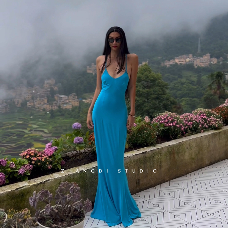 Summer New Modal Suspender Fishtail Dress with Cross Back, Original Design, Holiday Style, Elegant Long Dress