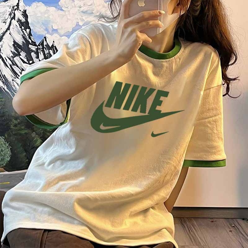 Nike Summer Round-Neck T-Shirt for Women, Loose-Fitting Pure Cotton Couple Style Short-Sleeved Shirt with Contrasting Colors, Casual Half-Sleeved Shirt for Men