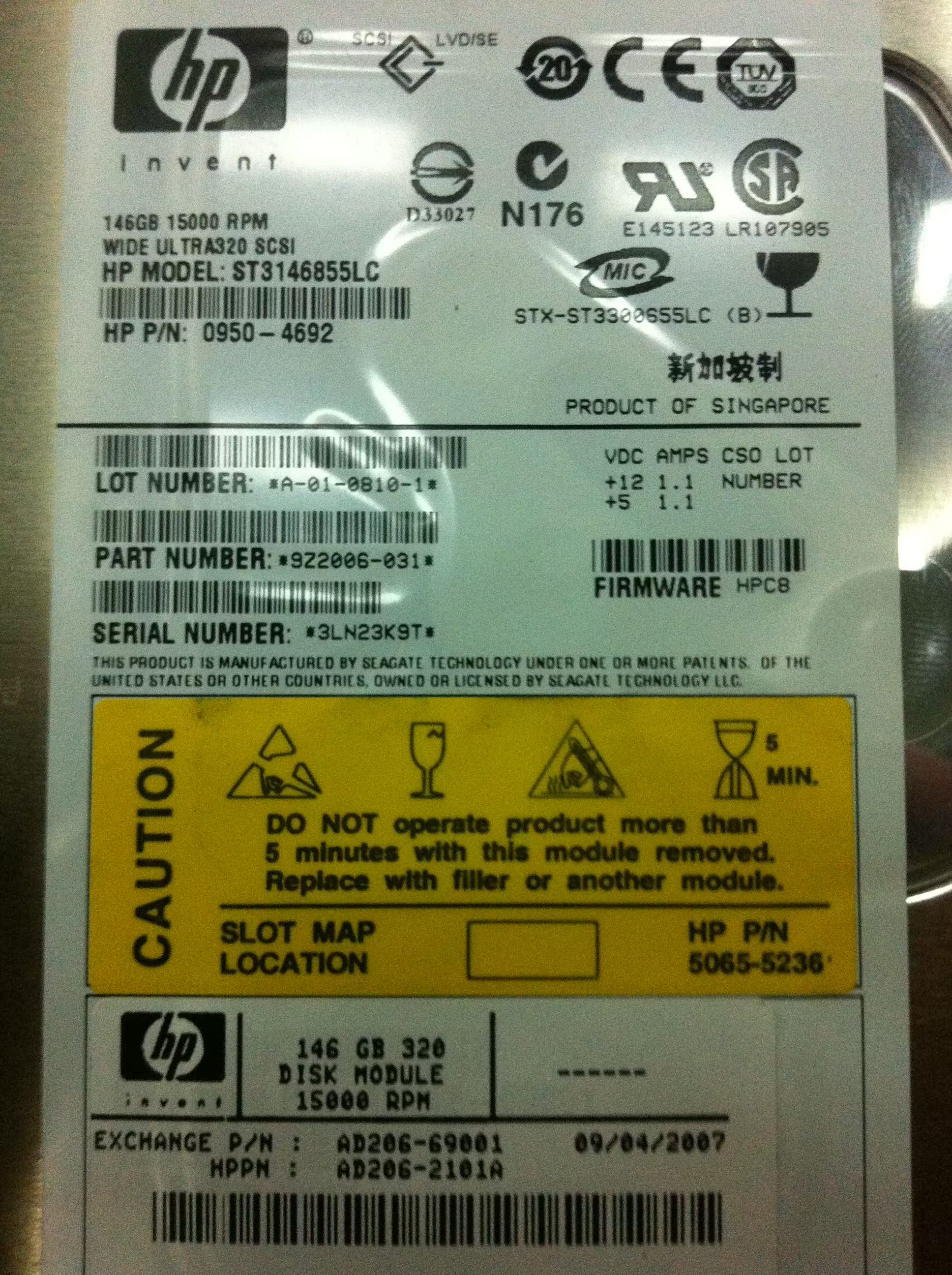 HP HP AD206A HP 146G-U320-15K for RX RP Series