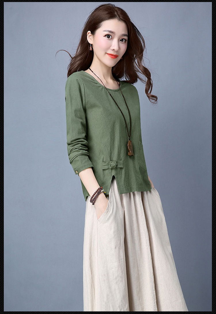 Mùa xuân hoang dã gió quốc gia áo sơ mi nữ khóa retro áo thun dài tay cổ tròn cotton lỏng và áo sơ mi vải lanh - Cộng với kích thước quần áo quần jean ống rộng nữ