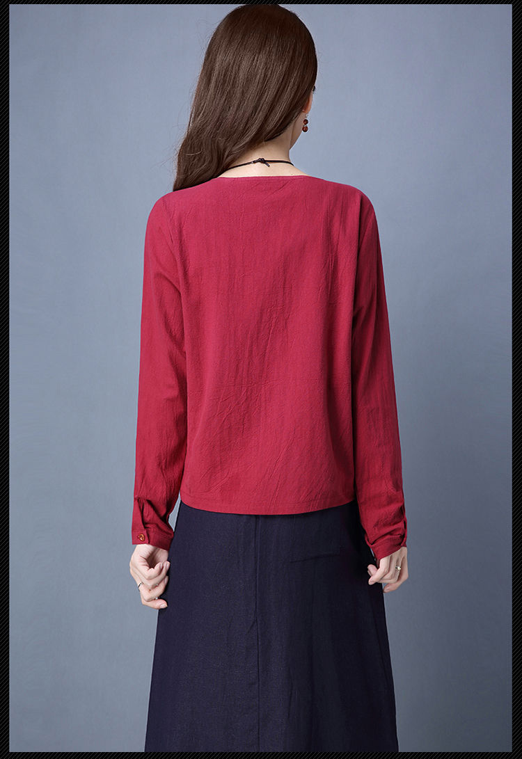 Mùa xuân hoang dã gió quốc gia áo sơ mi nữ khóa retro áo thun dài tay cổ tròn cotton lỏng và áo sơ mi vải lanh - Cộng với kích thước quần áo quần jean ống rộng nữ