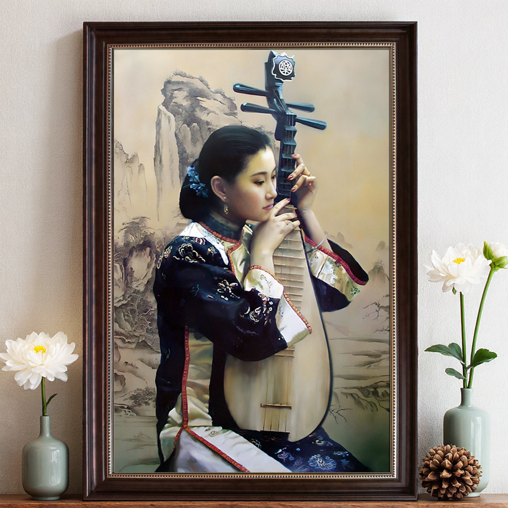 手绘陈逸飞装饰画美女拉大提琴油画中式玄关艺术舞蹈馆背景墙壁画-淘宝