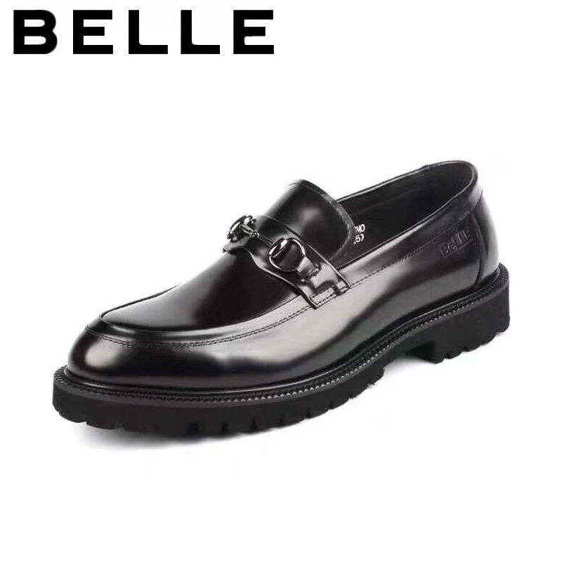 Belle Men's Shoes Summer New Genuine Leather Business Casual Leather Shoes Round Toe Thick Sole Pearlescent Leather Wear-Resistant Slip-On Loafers