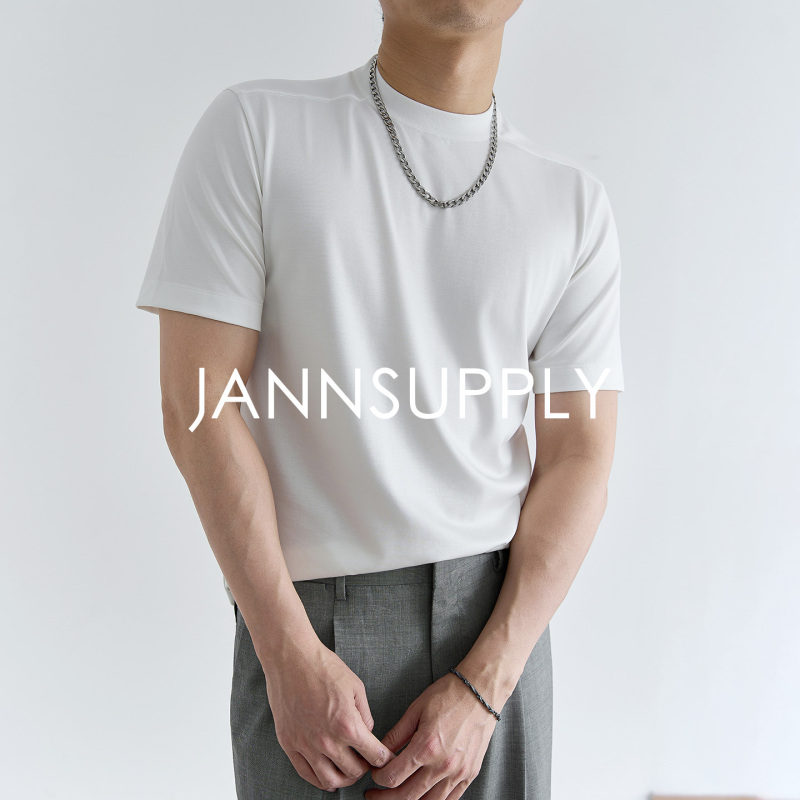 Jannsupply Double-Woven Modal Cotton Mulberry Silk Men's Round Neck One-Shoulder Knitted Short-Sleeved T-Shirt Jannsupply Double-Woven Modal Cotton Mulberry Silk Men's Round Neck One-Shoulder Knitted Short-Sleeved T-Shirt