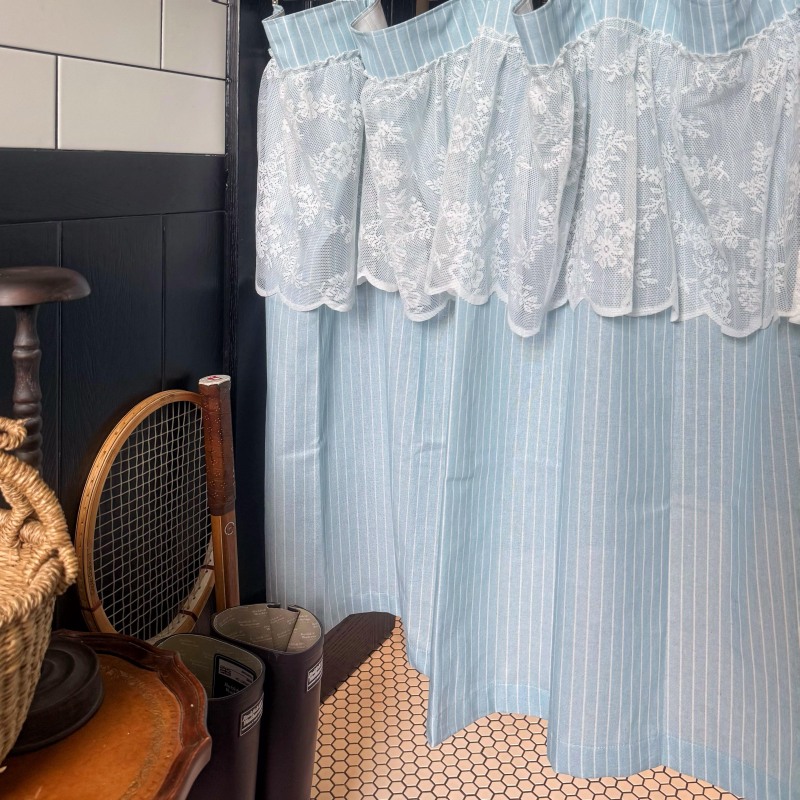 French-Style Light Blue Vertical Striped Lace Trim Half Curtain, Pastoral Cotton and Linen Kitchen Short Curtain, Coffee Shop Door Partition Curtain French-Style Light Blue Vertical Striped Lace Trim Half Curtain, Pastoral Cotton and Linen Kitchen Short Curtain, Coffee Shop Door Partition Curtain