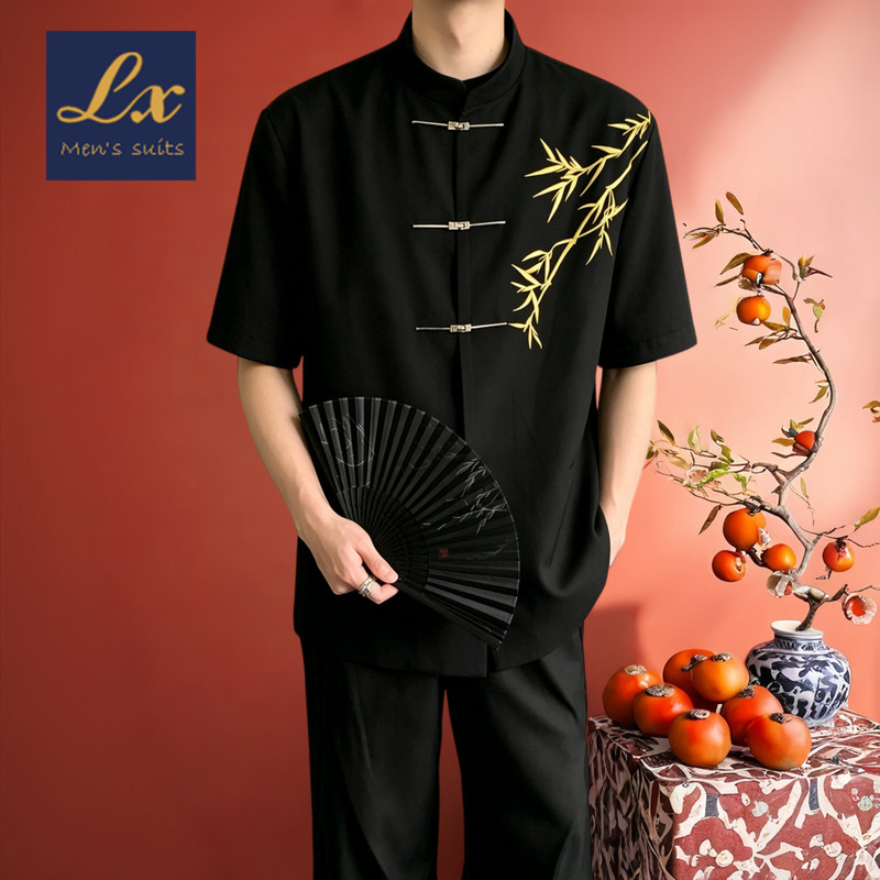 2026 Summer Men's New Chinese Style Gold Bamboo Embroidery Groom Wedding Engagement Loose National Style Stand Collar Short Sleeve Shirt