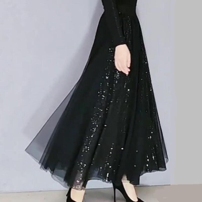 Shiny New Slimming Embroidered Sequin Mesh Plus-Size Skirt, High-Waisted Versatile Long Skirt for Women for Parties